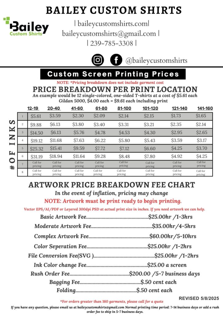 Bailey Custom Shirts Screen Pringing Cost Sheet