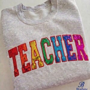 Custom Embroidered Arched Varsity Sequin Sweatshirt Teacher Appreciation Pullover